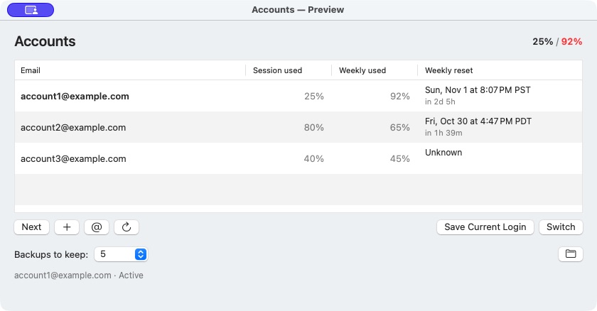 The account menu with example emails, session and weekly percentages used, reset times, and a Next button.